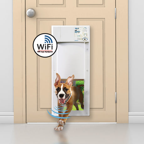 NEW! WiFi Controlled Power Pet Door Pet Operated, Smart Phone Controlled Medium, 8" X 10" Opening for Pets up to 30 lbs.
